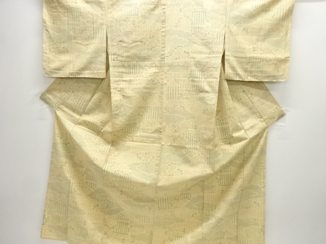 未使用品　雲に花模様織り出し手織り紬単衣着物